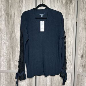 French Connection Womens Sweater Lace Sleeves V Neckline Navy Blue Size M NEW